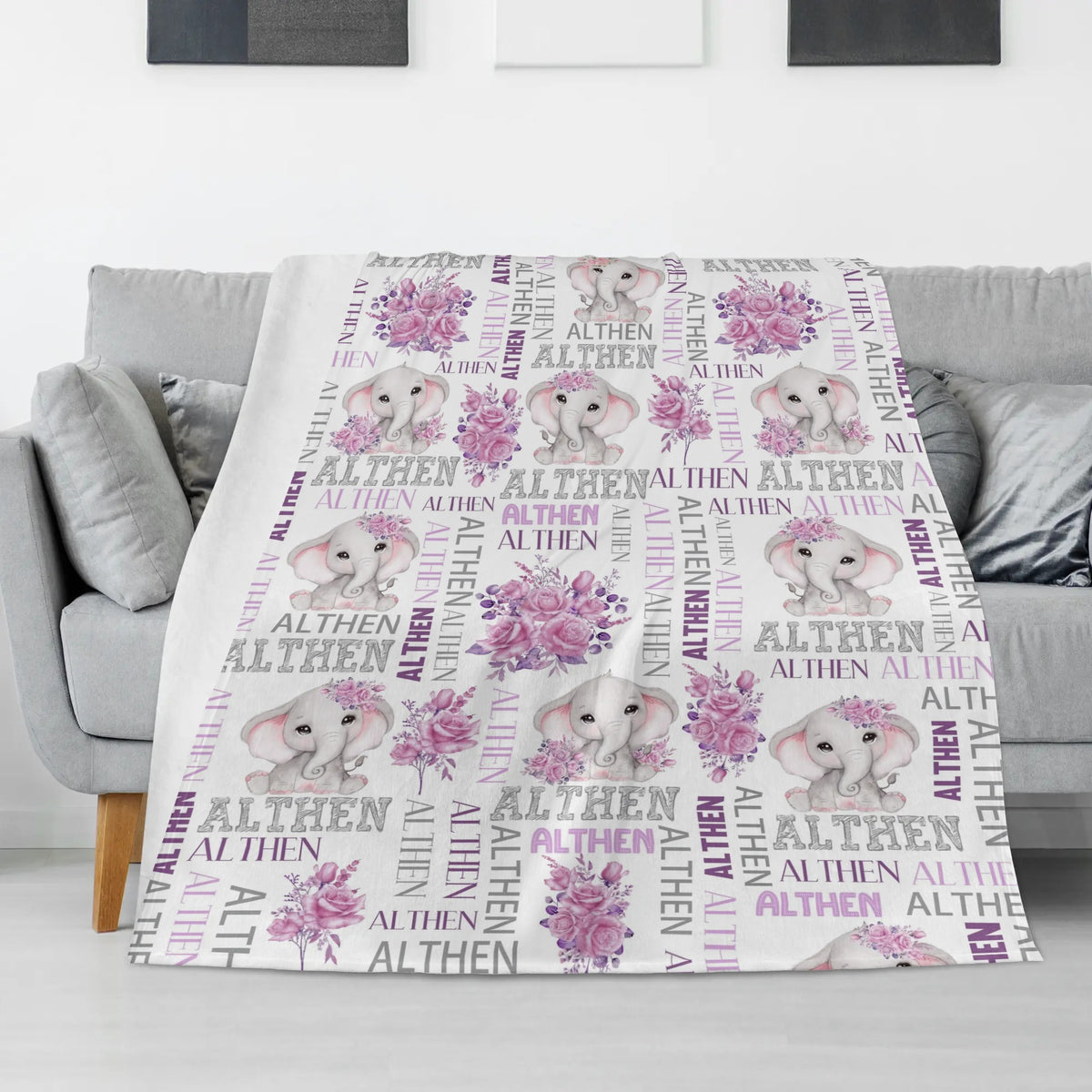 Personalized Floral Rose Elephant Girl Name Blankets - Gift for Kid