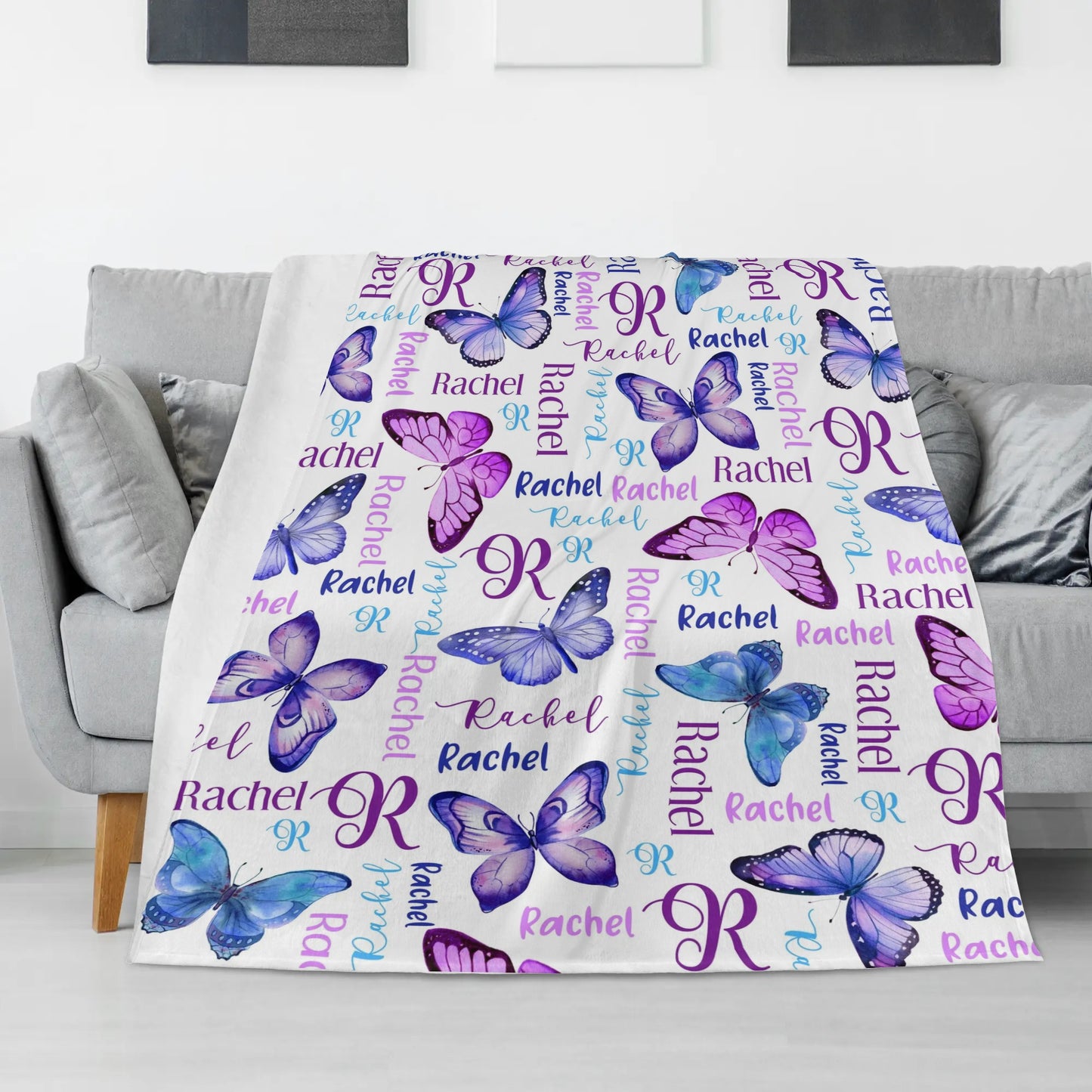 Personalized Watercolor Purple Butterflies Baby Name Blanket - Gift for Baby