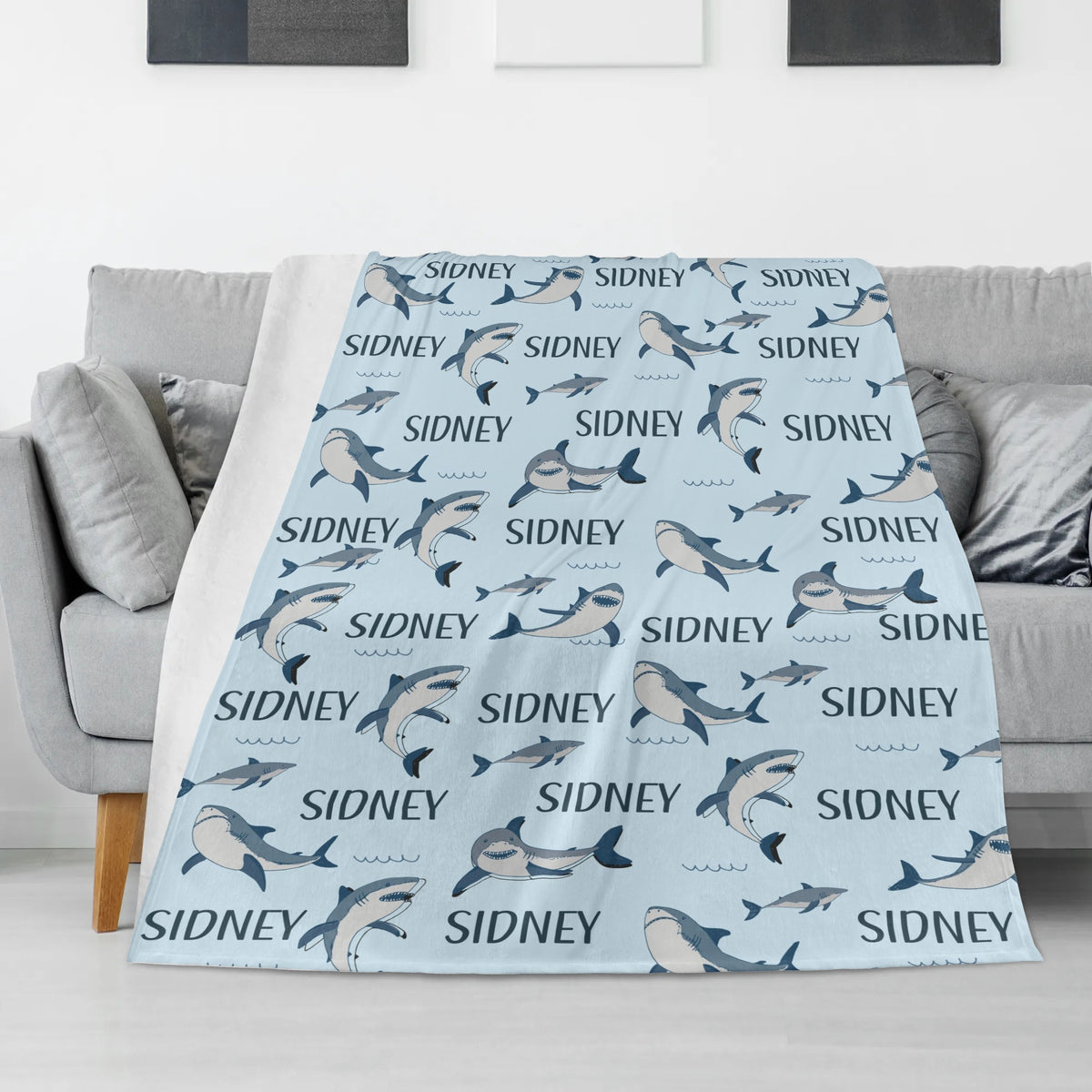 Personalized Blue Cute Shark Name Blanket - Gift for Kids