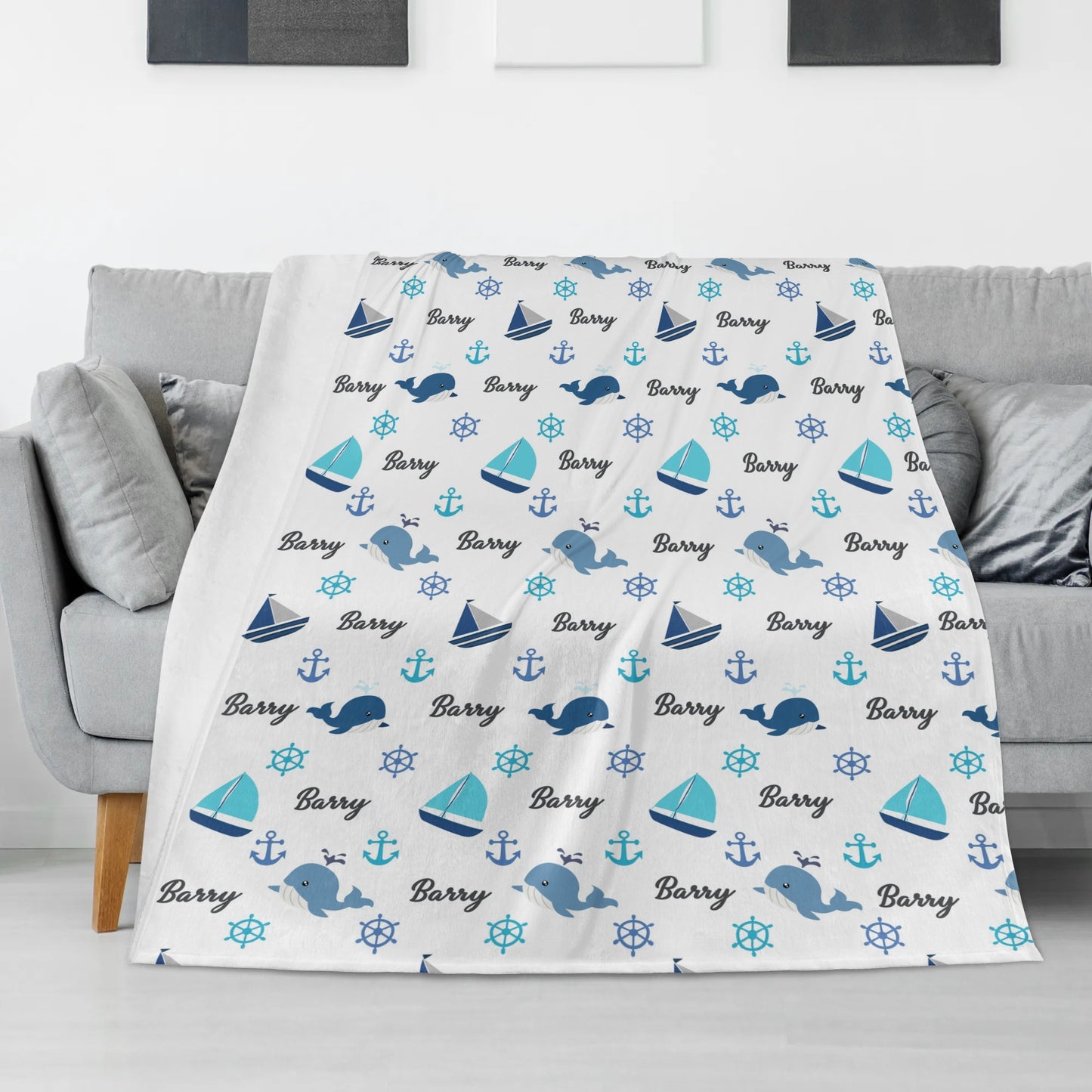 Personalized Blue Whale Baby Name Blanket - Gift for Kids