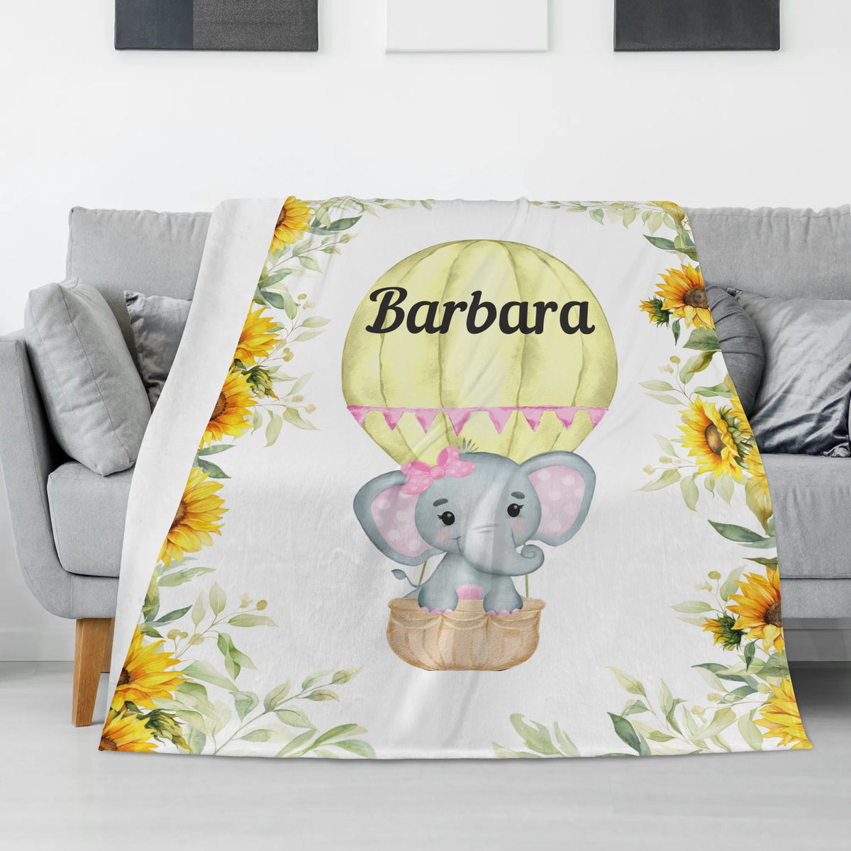 Personalized Yellow Sunflower Elephant Name Blanket - Gift for Kids