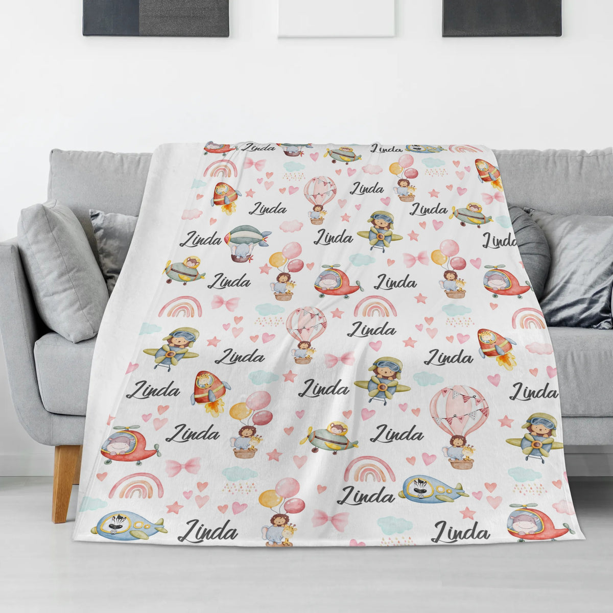 Personalized Cartoon Safari Animals Name Blankets - Gift for Kids