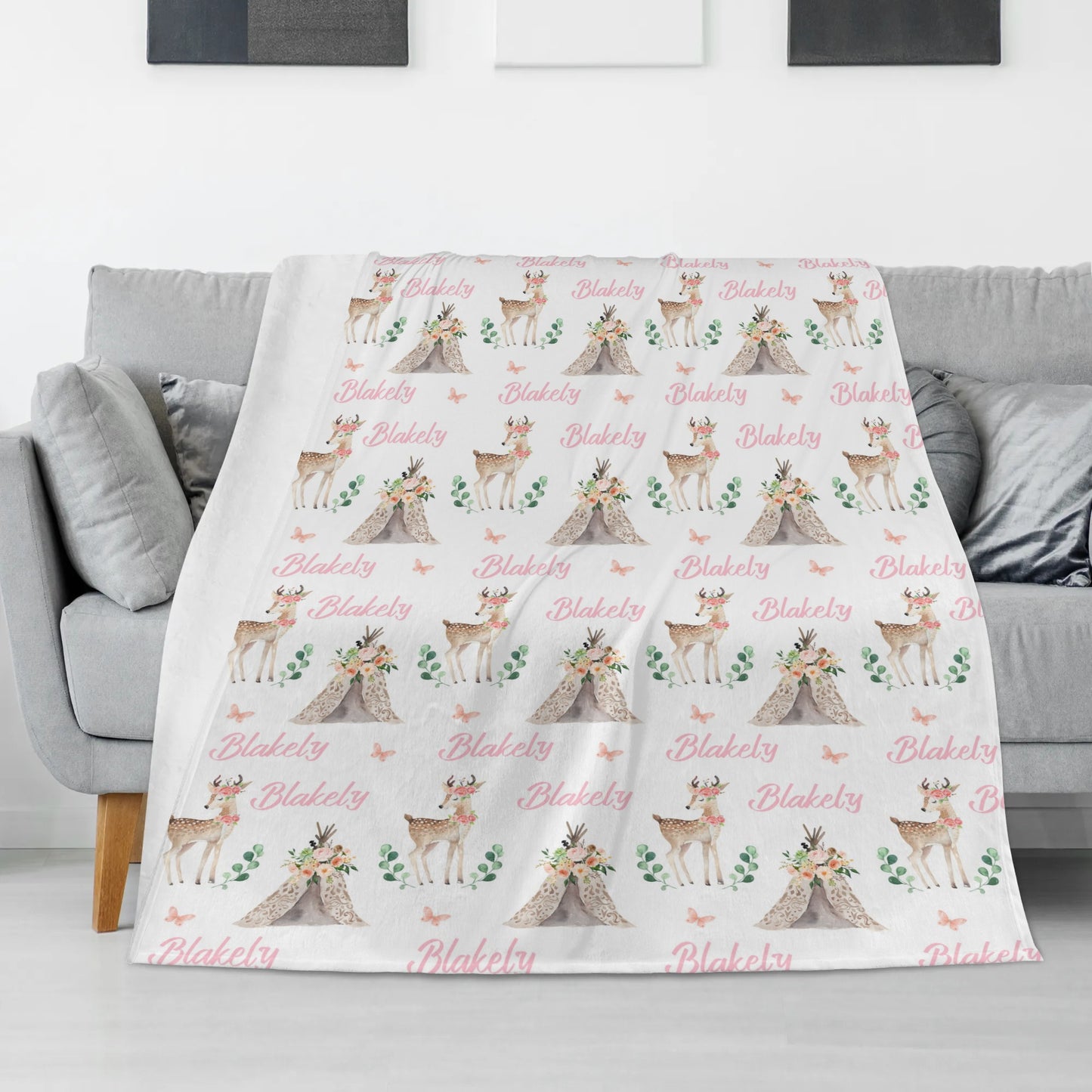 Personalized Flowers Deer baby Name Blankets - Gift for Kids