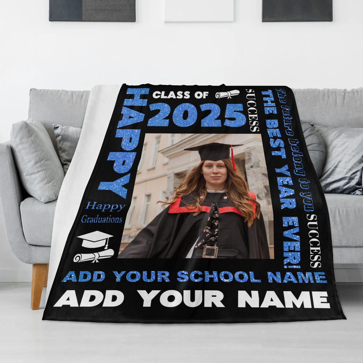 Personalized Graduation Class of 2025 Custom Photo Name Blankets - Graduation Gifts