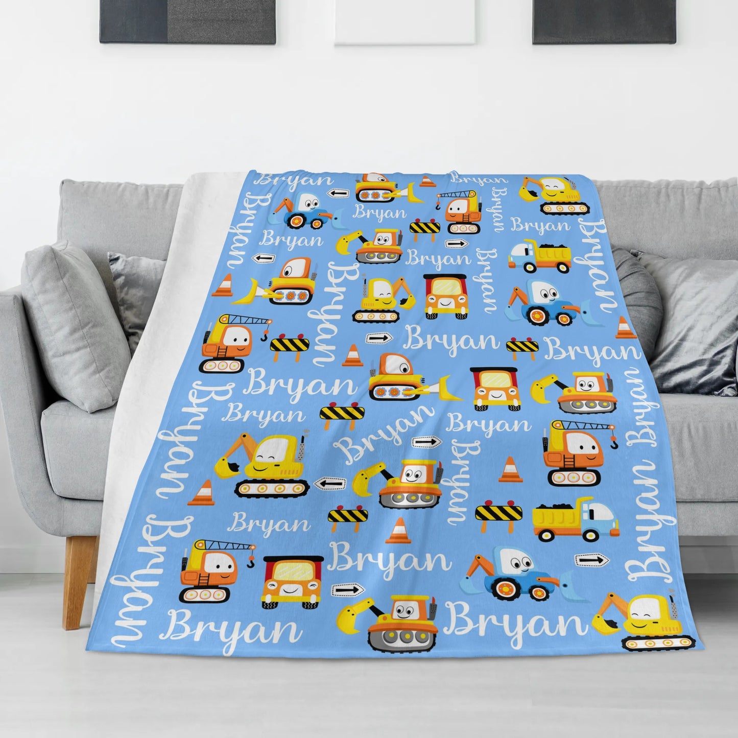 Personalized Cartoon Transportation Trucks Name Blanket - Gift for Kids