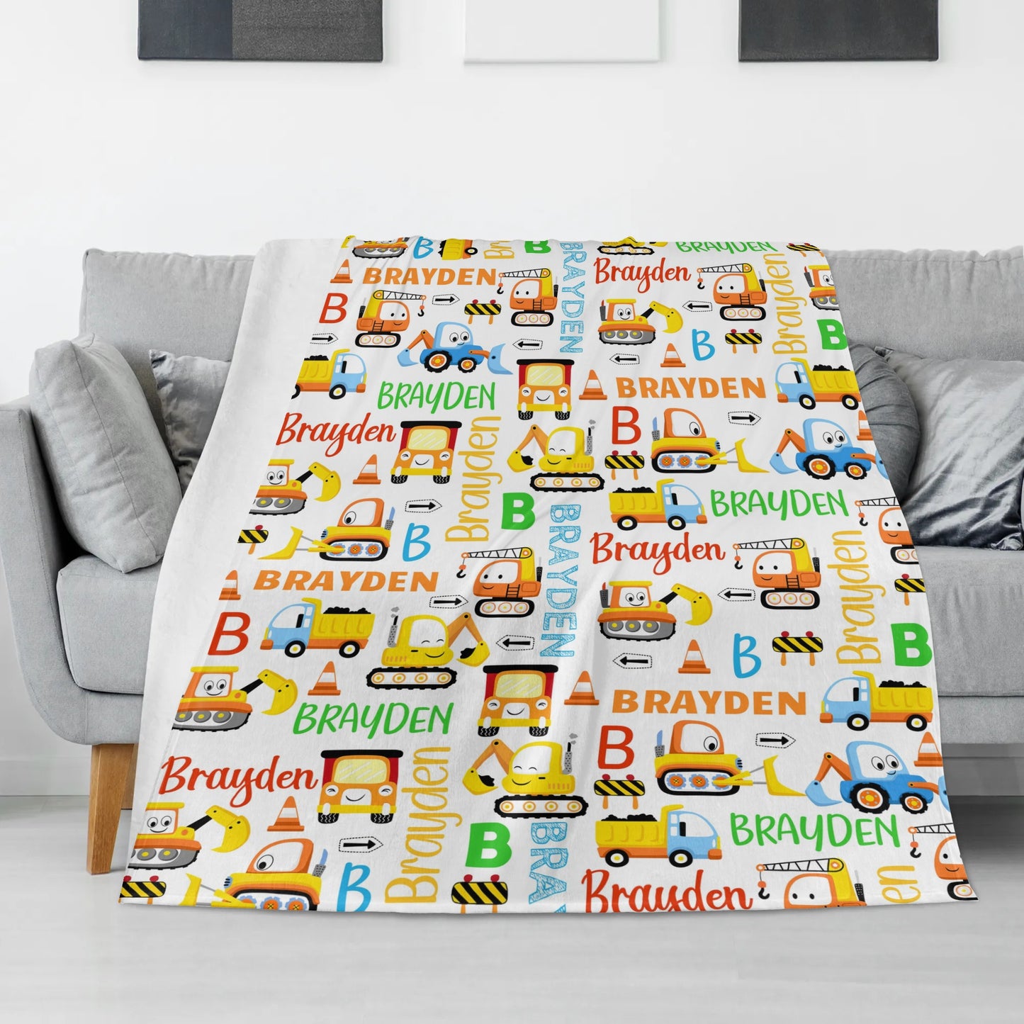 Personalized Cute Excavating Truck Name Blanket - Gift for Kids