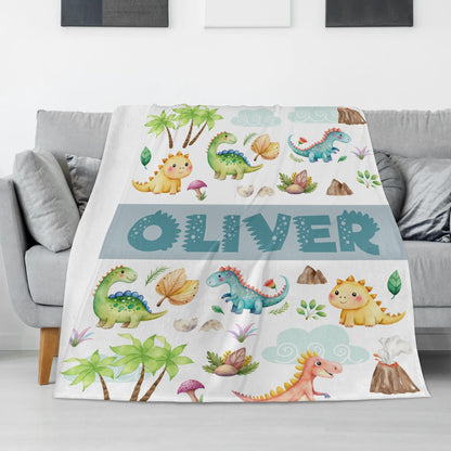 Personalized Cartoon Dinosaurs Name Blanket - Gift for Kids