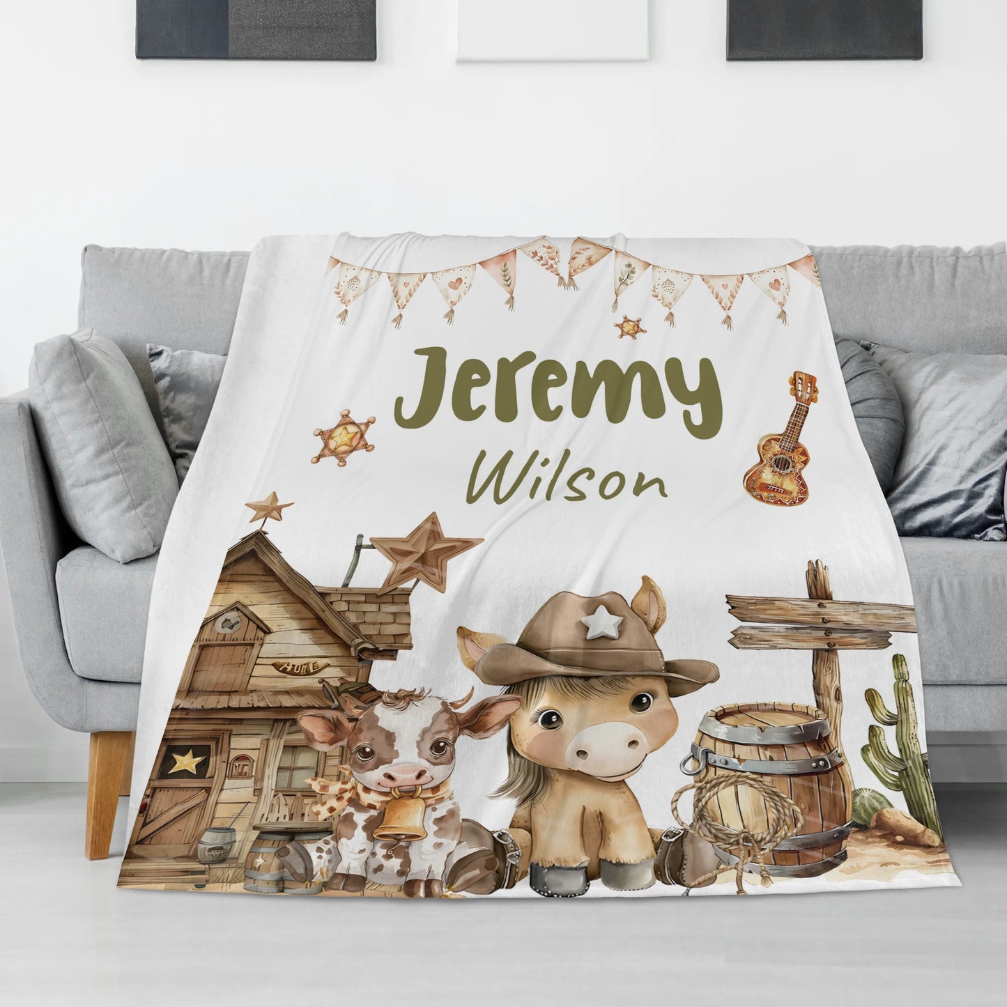 Personalized Western Cowboy Animal Name Blanket - Gift for Kids