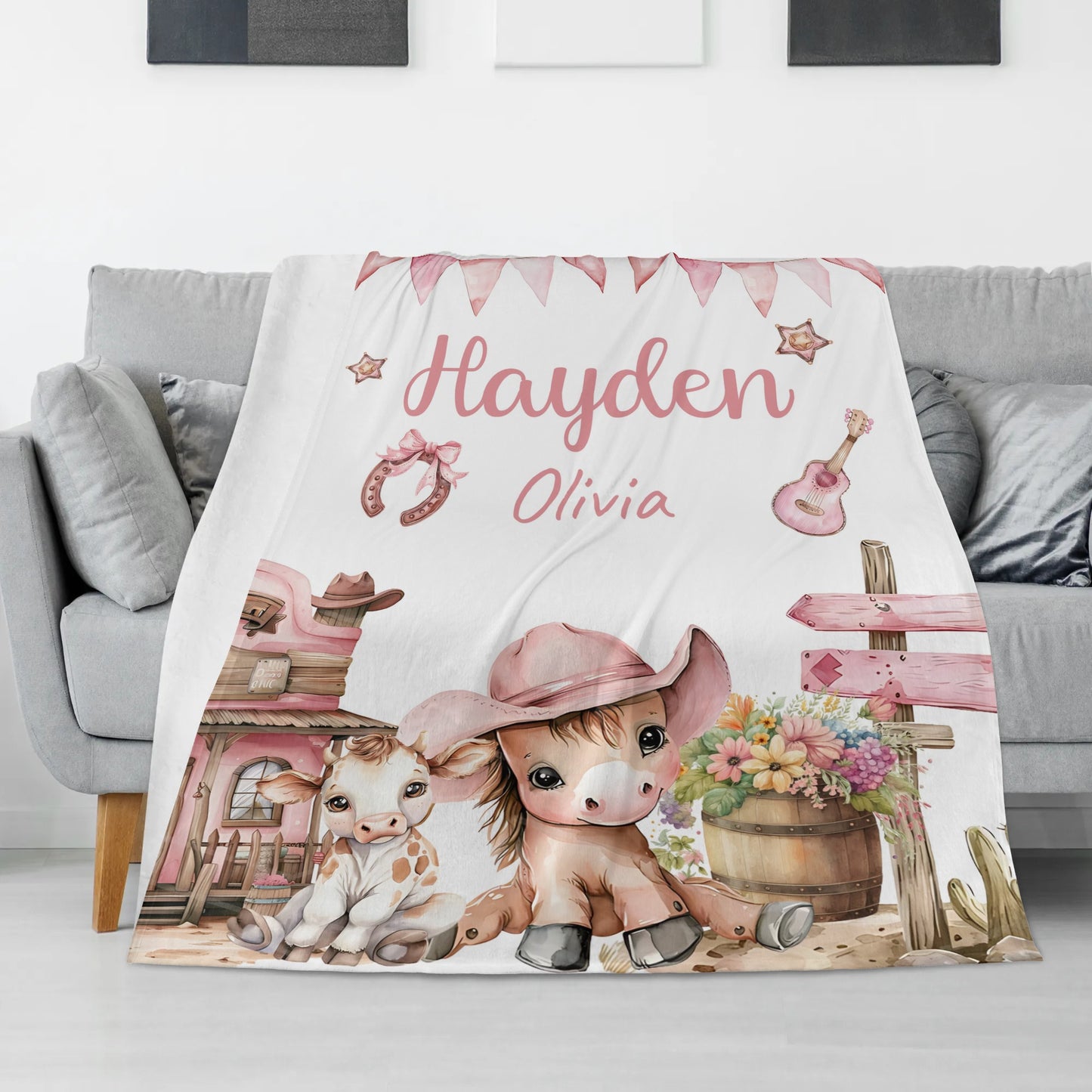 Personalized Western Cowgirl Animal Name Blanket - Gifts for Kids