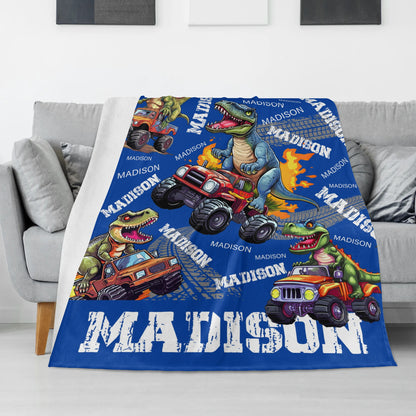 Personalized Dinosaurs Truck Themed Name Blanket - Gift for Kids