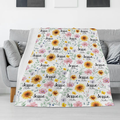 Personalized Sunflower Themed Name Blanket - Gift for Kids