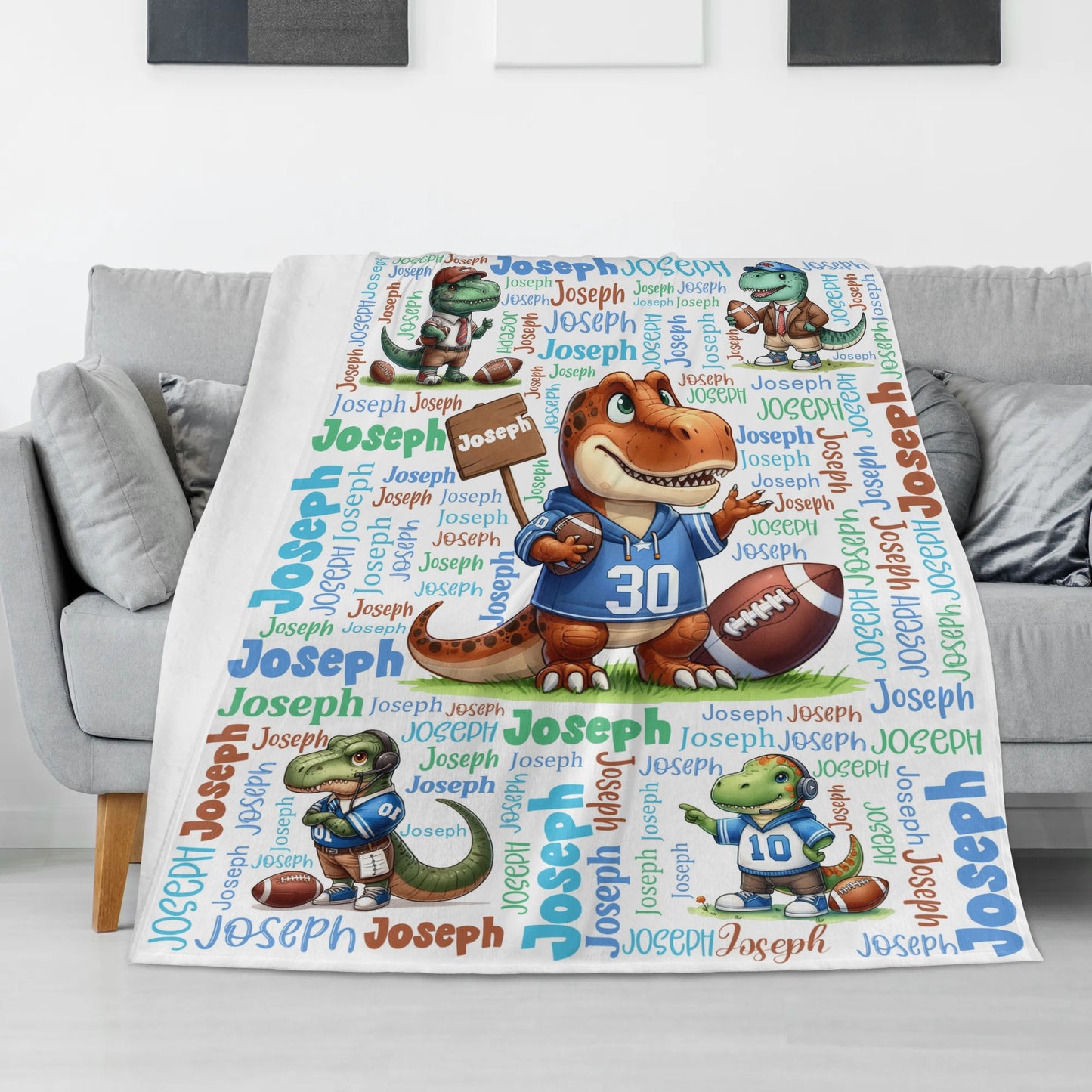 Personalized Cute Dinosaur Themed Name Blanket - Gift for Kids