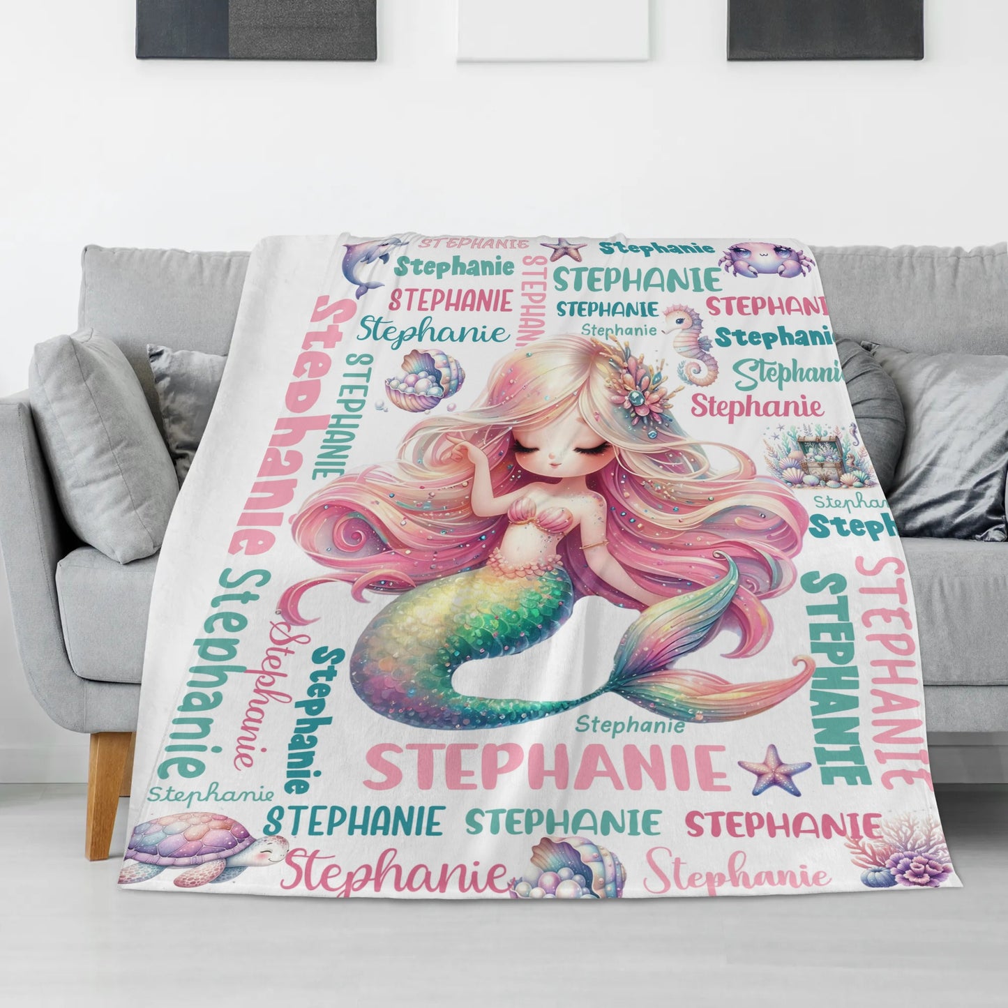 Personalized Gradient Fantasy Mermaid Girl Name Blanket - Gift for Kids