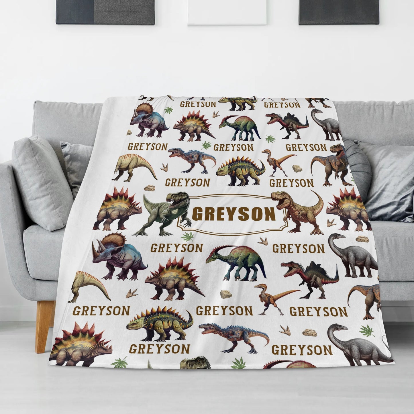 Personalized  Dinosaurs Themed Boy Name Blanket - Gift for Kids