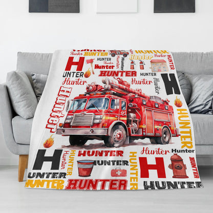 Personalized Structured Fire Truck Boy Name Blanket - Gift for Kids