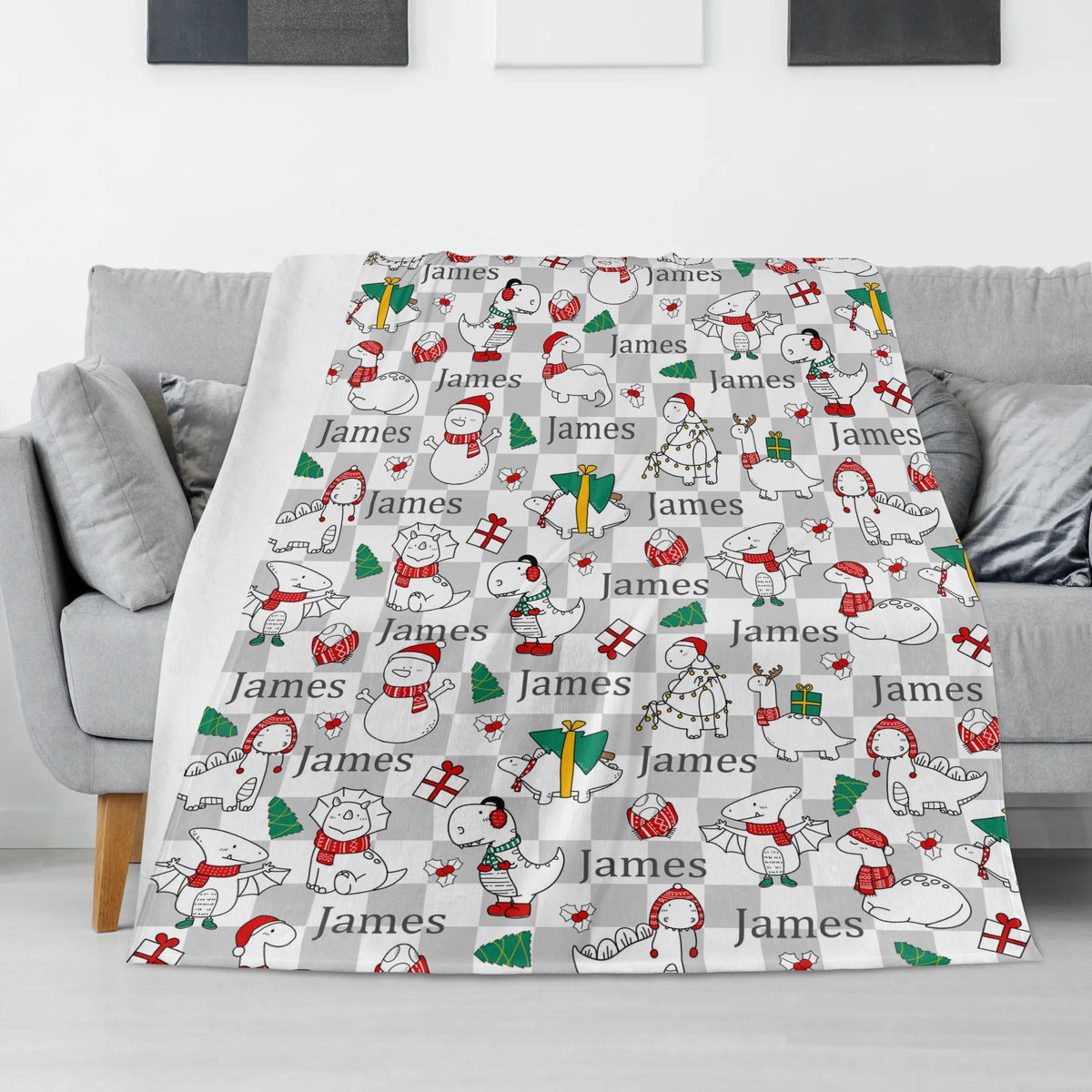 Personalized Christmas Dinosaur Name Blankets - Gift for Kids