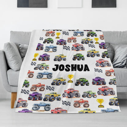 Personalized monster truck Boys Name Blankets - Gift for Kids