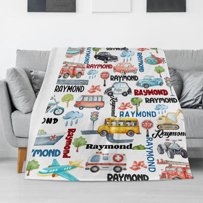 Personalised Watercolour Traffic Name Blanket - Gift for Kids