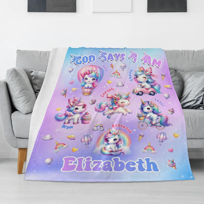 Personalised Custom Unicorn Girl Name Blankets - Gift for Kids