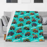 Personalized Cartoon Dinosaurs Truck Themed Name Blanket - Gift for Kids