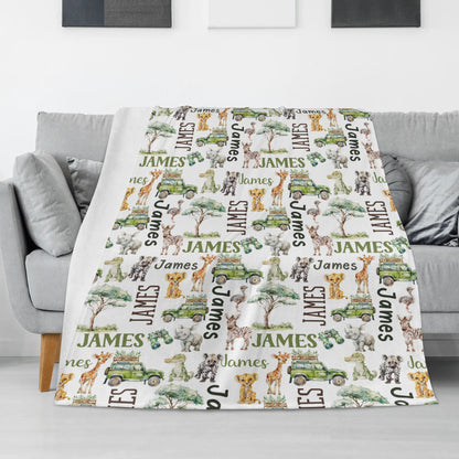 Personalized Cute Safari Animals Name Blanket - Gift for Kids