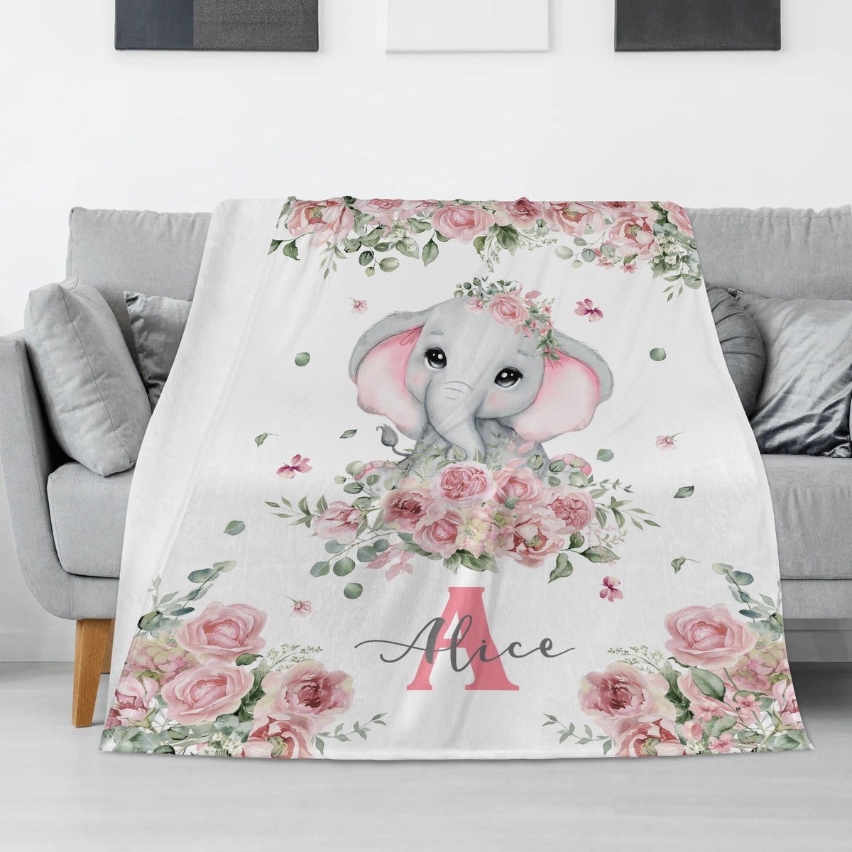 Personalized Custom Floral Elephant Name Blankets - Gift for Kids