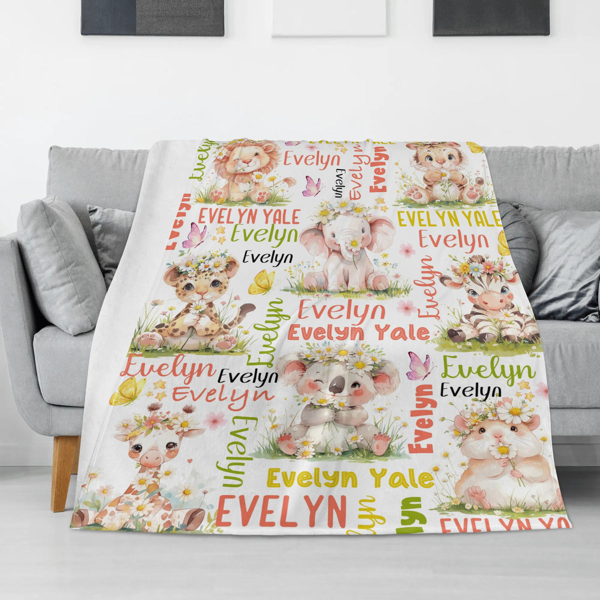 Personalized Daisy Animal Park Kids Name Blanket - Gifts for Kids