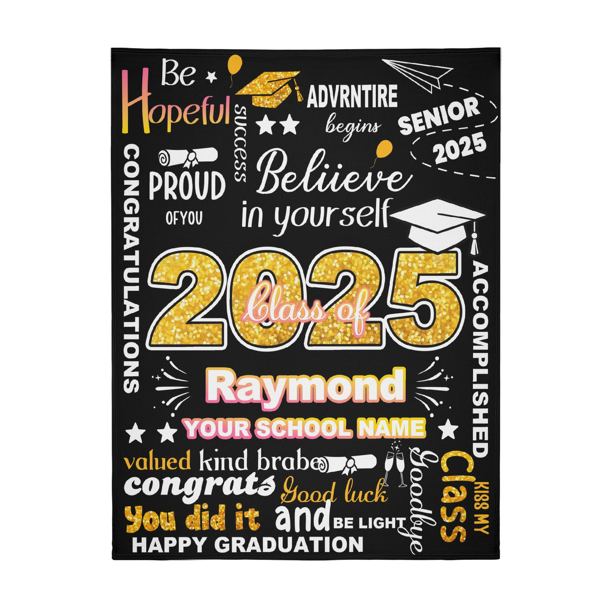 Personalized Graduation Star Glitter Name Blanket - 2025 Graduation Gift