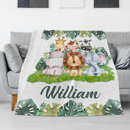 Personalized Watercolor Jungle Party Animals Kids Name Blanket - Gifts for Kids