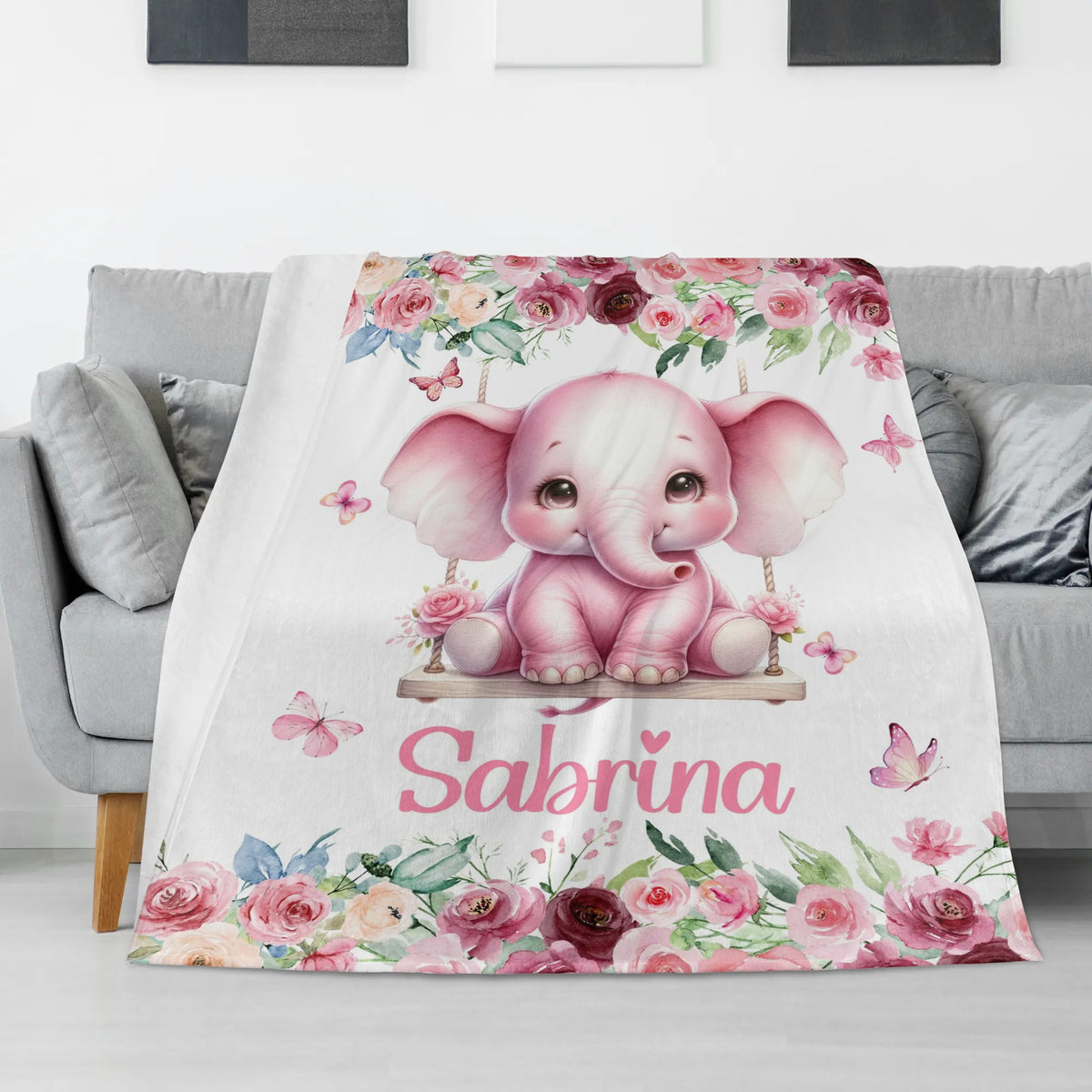 Personalized Watercolor Baby Elephant Garden Name Blanket - Gift for Baby