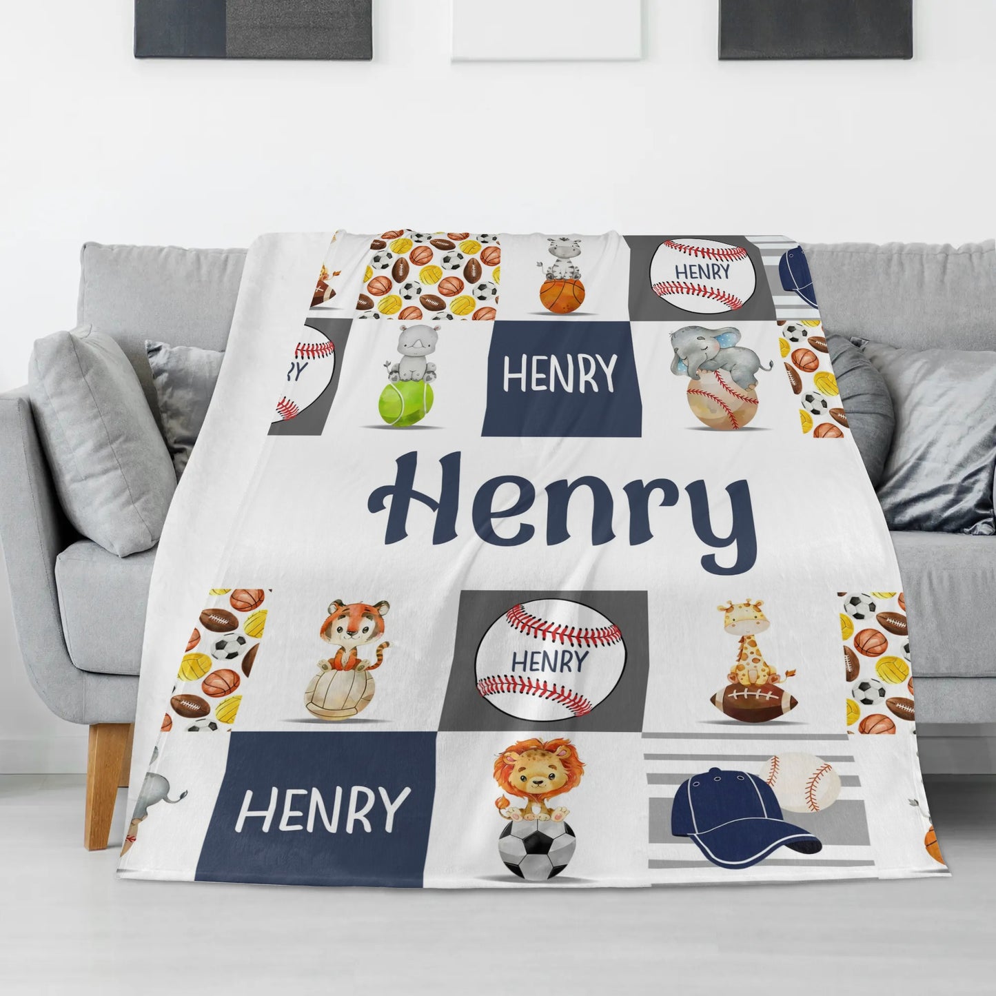 Personalized Animal Sports Name Blanket - Gift for Kids