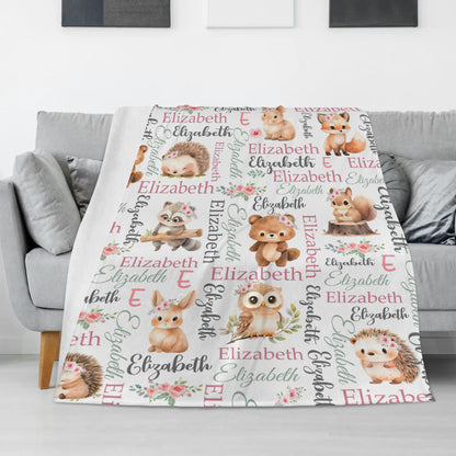 Personalized Girl Woodland Animals Name Blanket - Gift for Kids