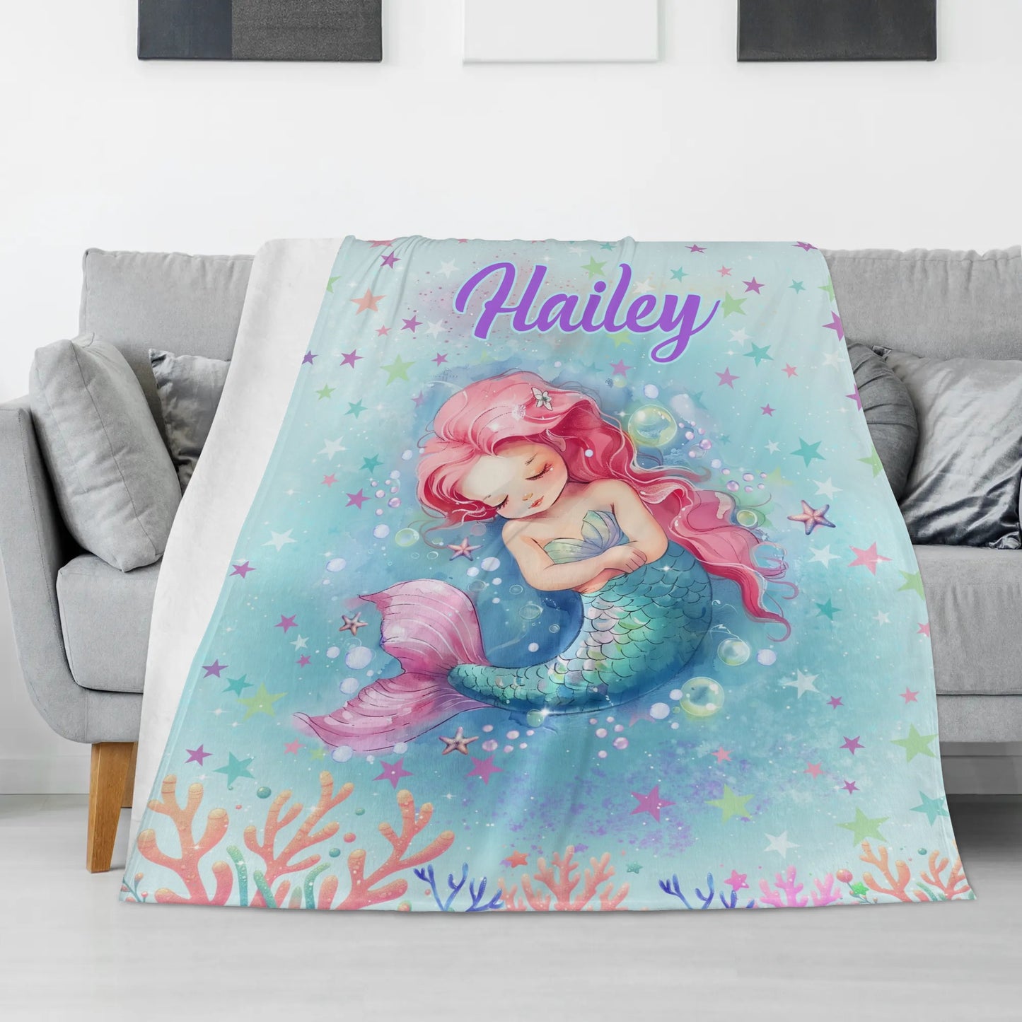 Personalized Cute Mermaid Girl Name Blanket - Gifts for Kids