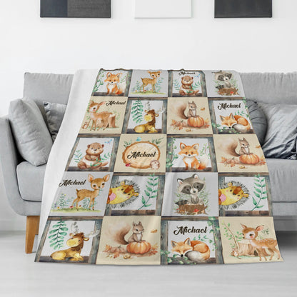 Personalized Watercolor Woodland Animals Name Blanket - Gift for Kids