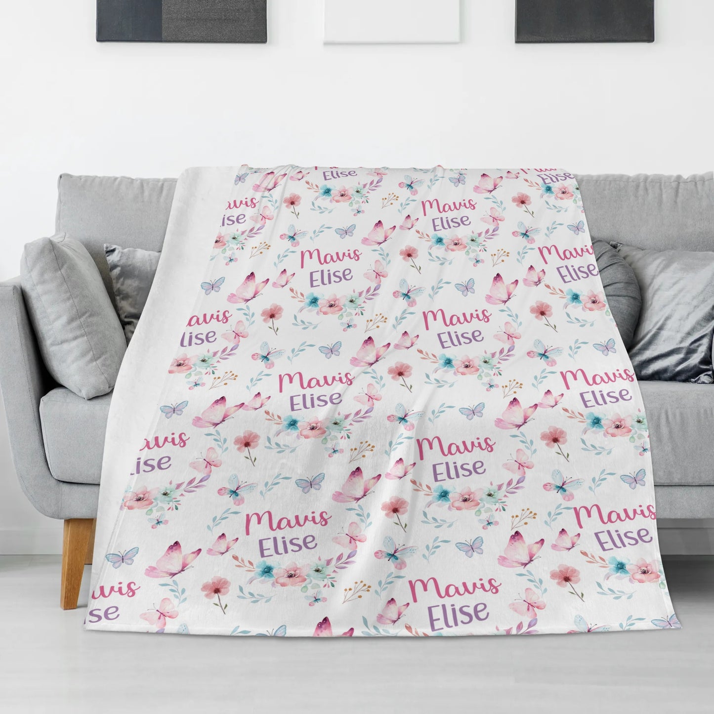 Personalized Butterfly Flower Name Blanket - Gift for Kids