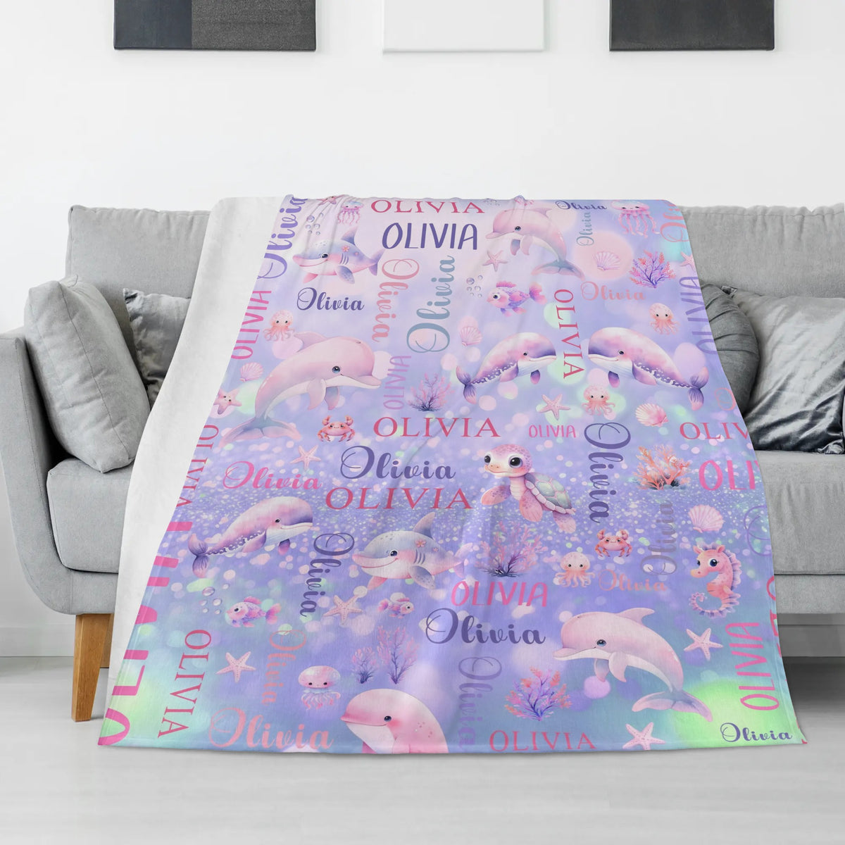 Personalized Cute Fantasy Sea Animal Name Blanket - Gift for Kids