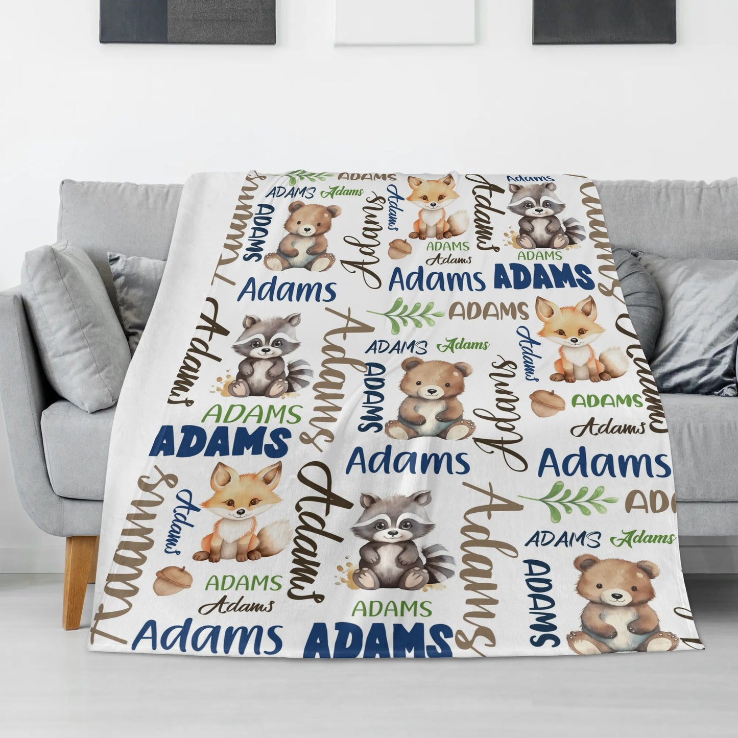 Personalized Cartoon Woodland Animals Name Blankets - Gift for Kids