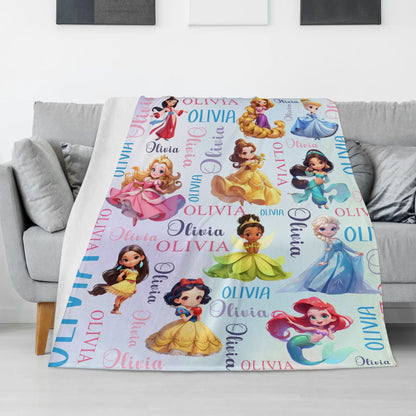 Personalized Cute Cartoon Princess Name Blanket - Gift for Kids