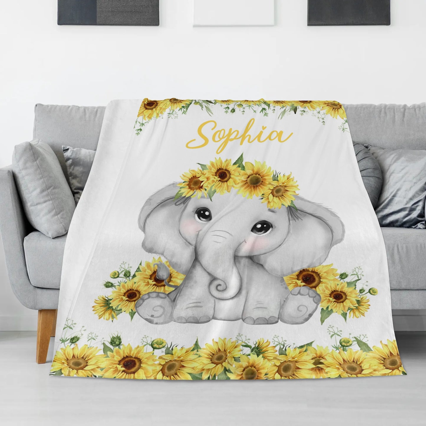 Personalized Custom Sunflowers Elephant Baby Name Blanket - Gifts for Baby