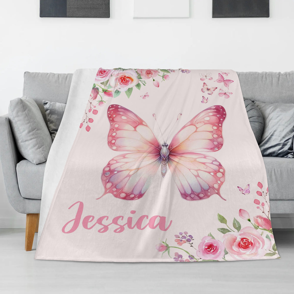 Personalized Watercolor Pink Butterfly Baby Name Blankets - Gift for Baby