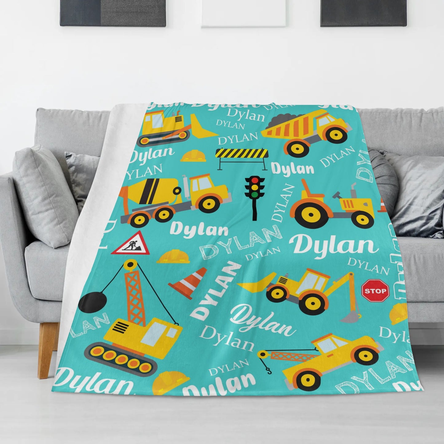 Personalized Yellow Construction Truck Name Blanket - Gift for Kids