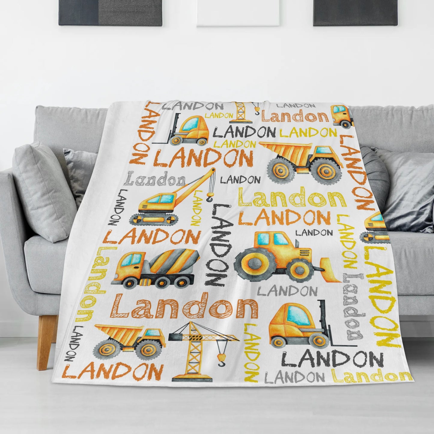 Personalized Watercolor Construction Truck Name Blankets - Gift for Kids