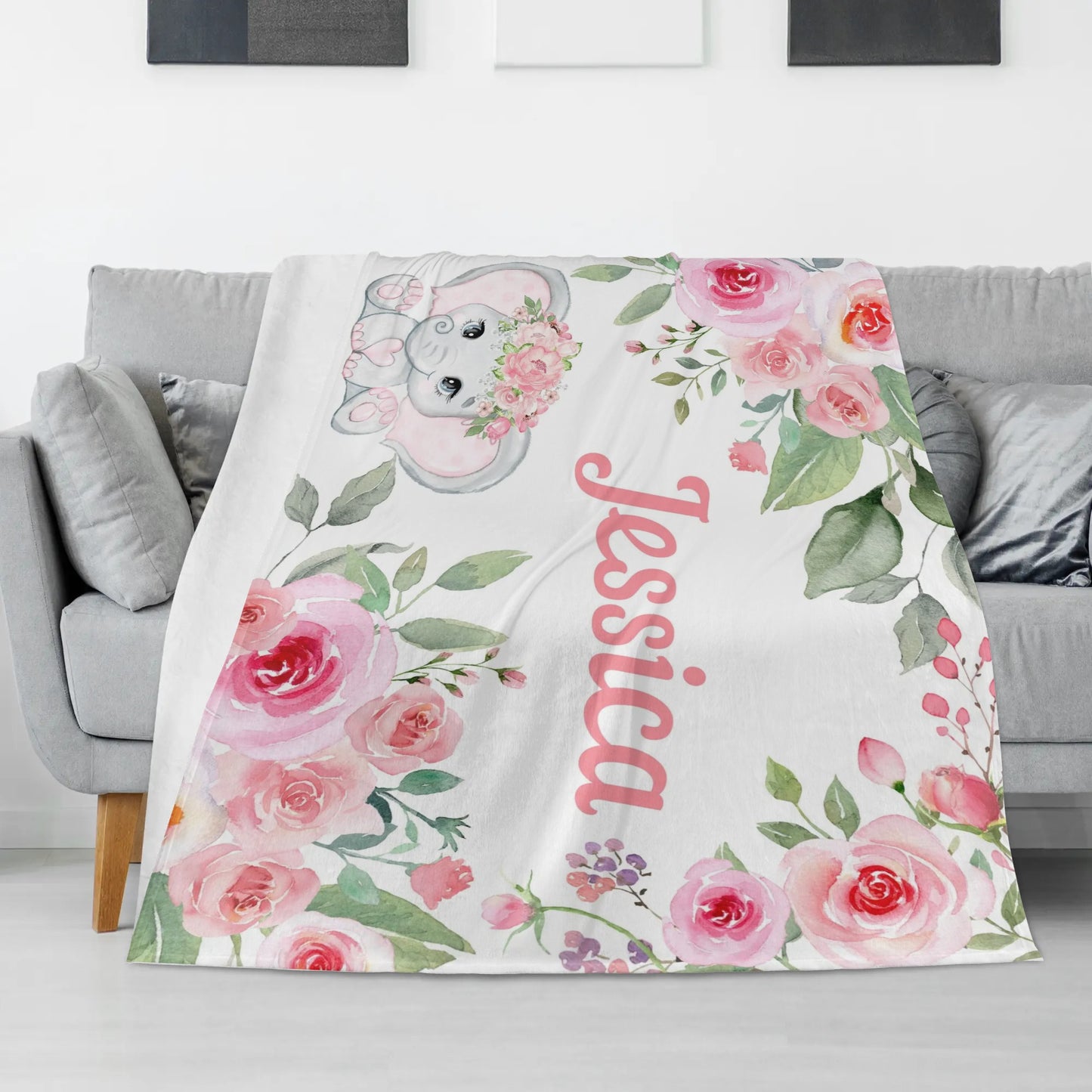 Personalized Pink Floral Elephant Milestone Blanket - Gift for Baby