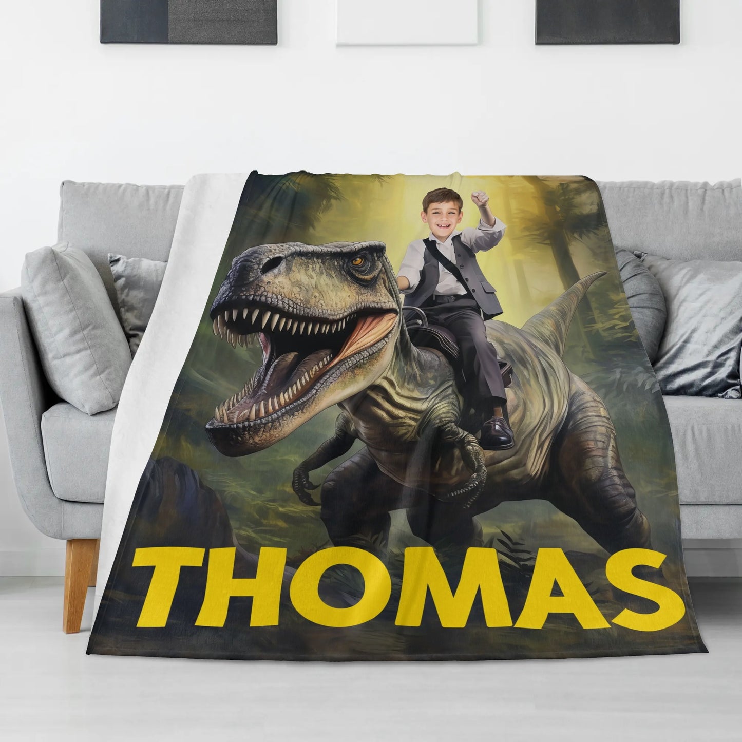 Personalized Custom Photo And Name Dinosaur Blanket - Gift for Kids