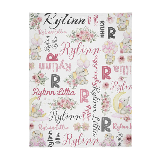 Personalized Pink Floral Elephant Baby Blanket - Gift for Kids