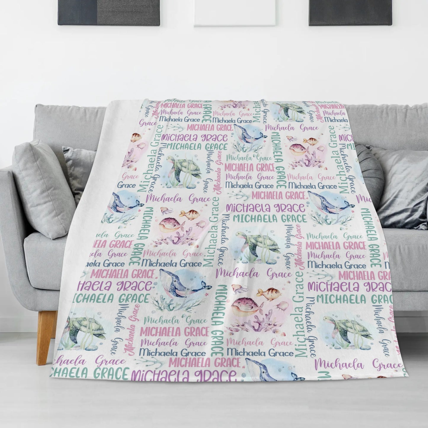 Personalized Watercolor Ocean Animal Name Blanket - Gift for Kids