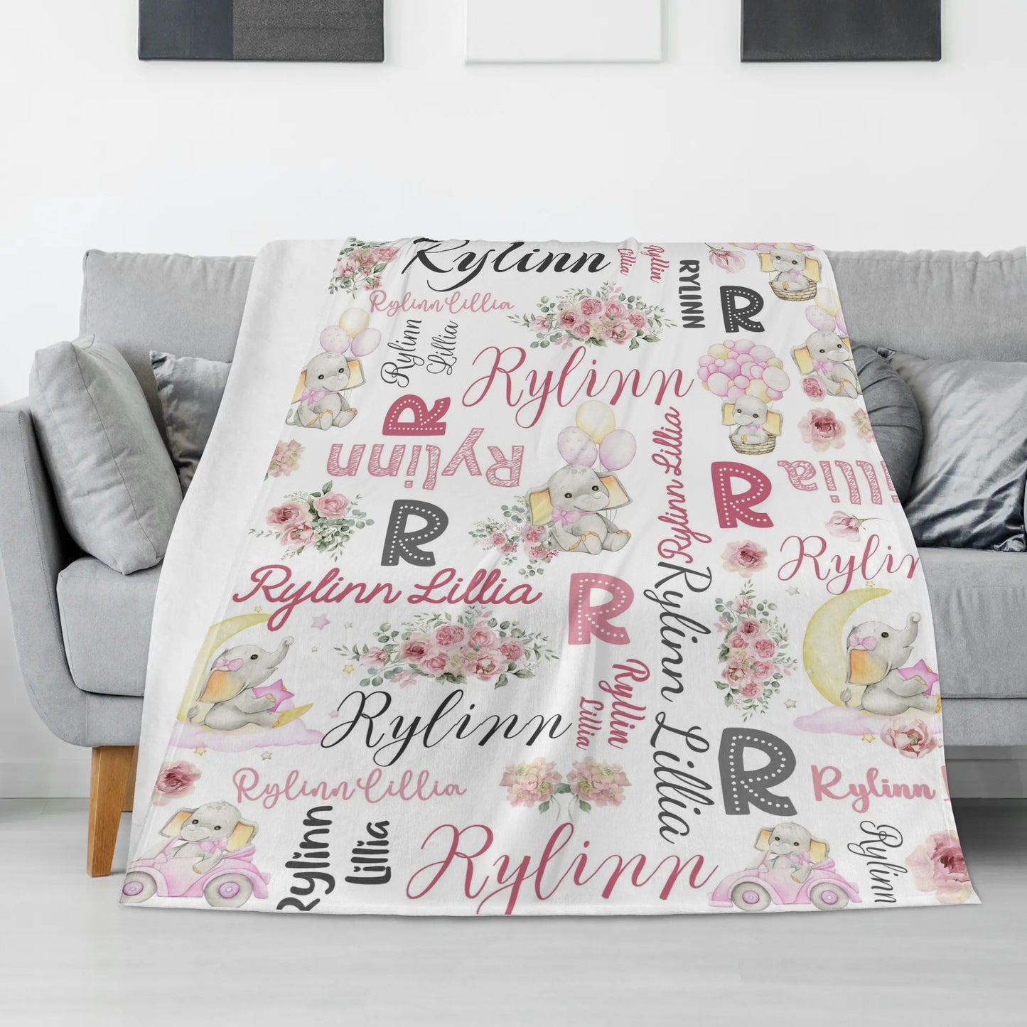 Personalized Pink Floral Elephant Baby Blanket - Gift for Kids