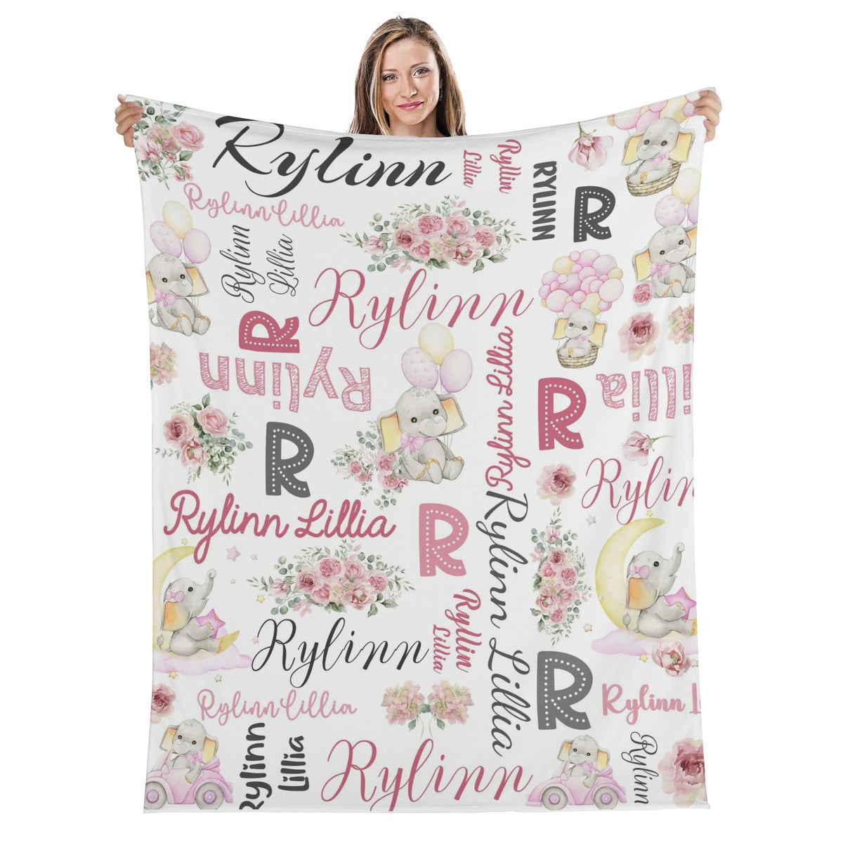 Personalized Pink Floral Elephant Baby Blanket - Gift for Kids