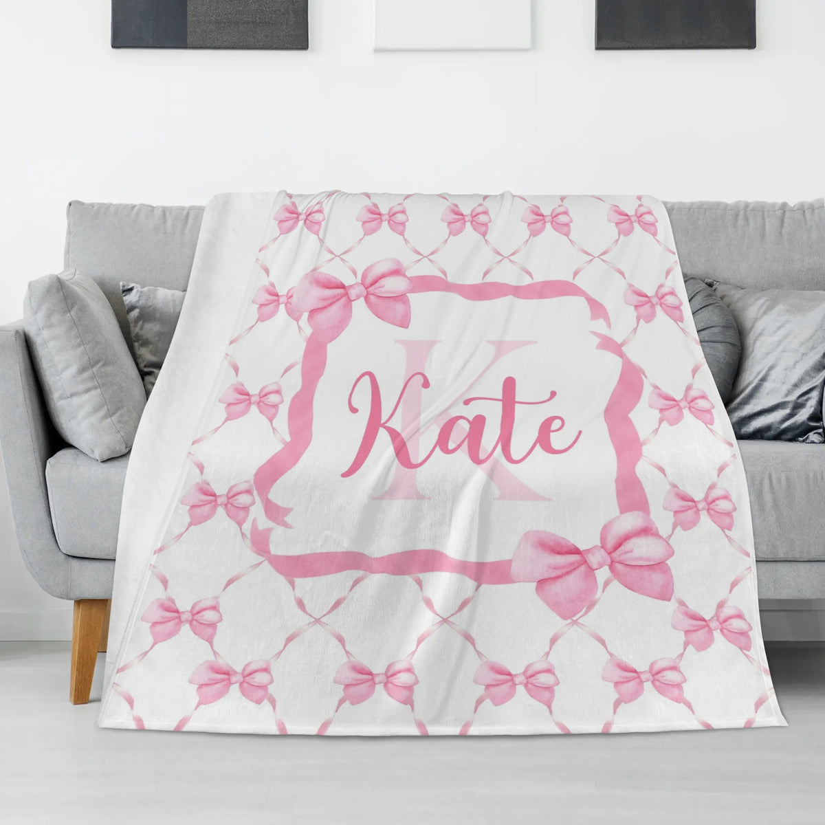 Personalized Watercolor Pink Bow Baby Name Blankets - Gift for Baby