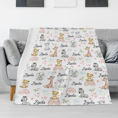 Personalized Rainbow Safari Animals Name Blankets - Gift for Kids